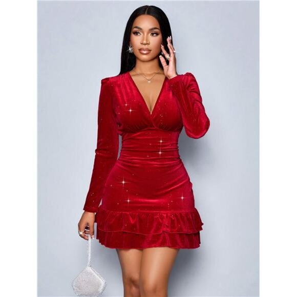 Variété Boutique Dresses & Skirts - Mature And Sexy Dress For Women, Deep V Design, Ruffled Christmas Style